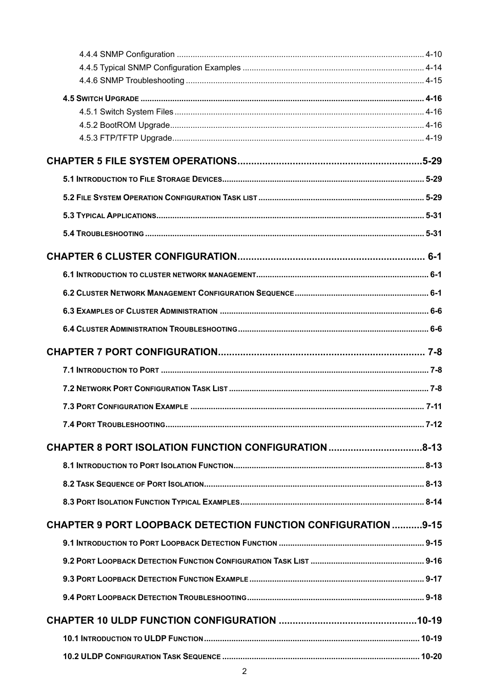 Chapter 5 file system operations -29, Chapter 6 cluster configuration -1, Chapter 7 port configuration -8 | Chapter 10 uldp function configuration -19 | PLANET WGSW-52040 User Manual | Page 4 / 505