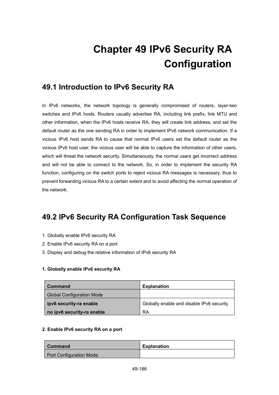 Chapter 49 ipv6 security ra configuration, 1 introduction to ipv6 security ra, 2 ipv6 security ra configuration task sequence | Chapter 49 ipv6 security ra configuration -186, Ntroduction to, Ecurity, Ra -186, Onfiguration, Equence | PLANET WGSW-52040 User Manual | Page 407 / 505