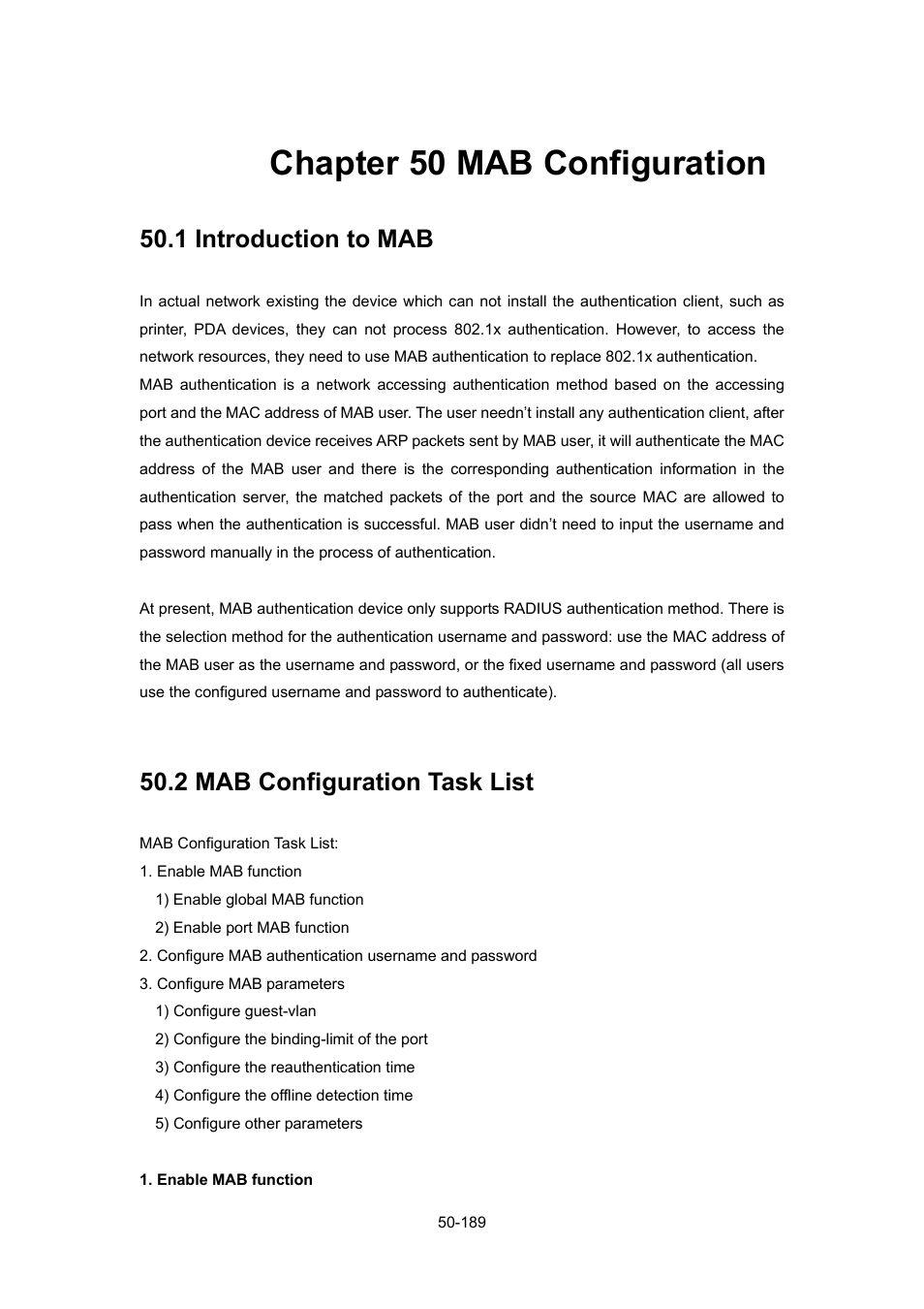 Chapter 50 mab configuration, 1 introduction to mab, 2 mab configuration task list | Chapter 50 mab configuration -189, Ntroduction to, Mab -189, Onfiguration | PLANET WGSW-52040 User Manual | Page 410 / 505