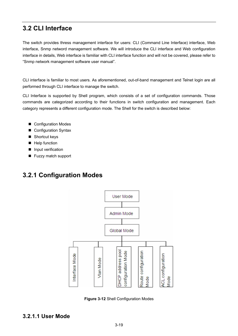 2 cli interface, 1 configuration modes, 1 user mode | Nterface, 1 configuration modes -19 | PLANET WGSW-52040 User Manual | Page 43 / 505