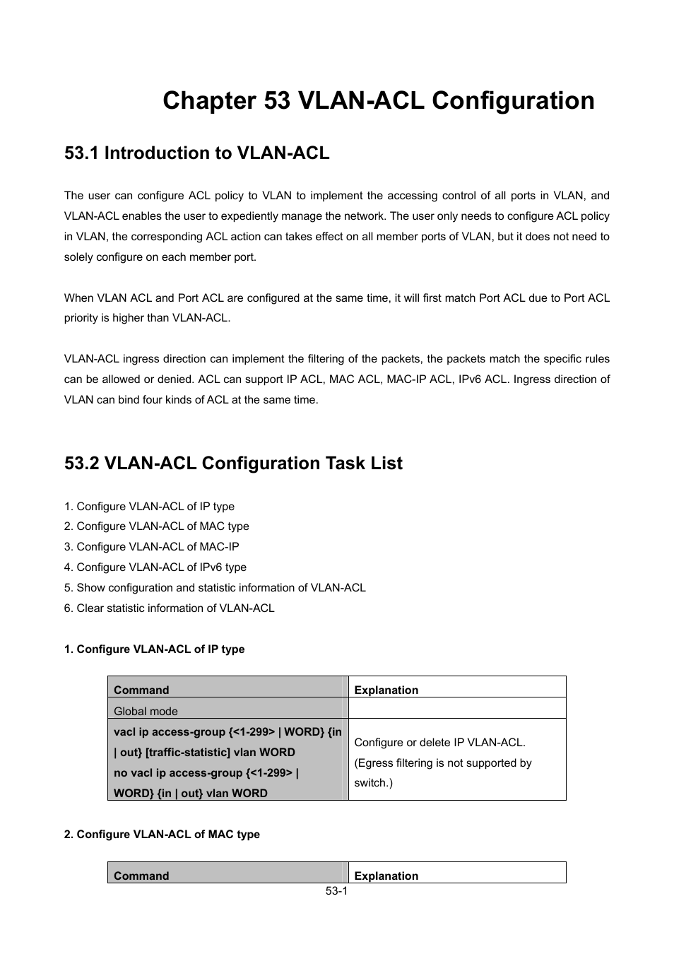 Chapter 53 vlan-acl configuration, 1 introduction to vlan-acl, 2 vlan-acl configuration task list | Chapter 53 vlan-acl configuration -1, Ntroduction to, Vlan-acl -1, Vlan-acl, Onfiguration | PLANET WGSW-52040 User Manual | Page 430 / 505