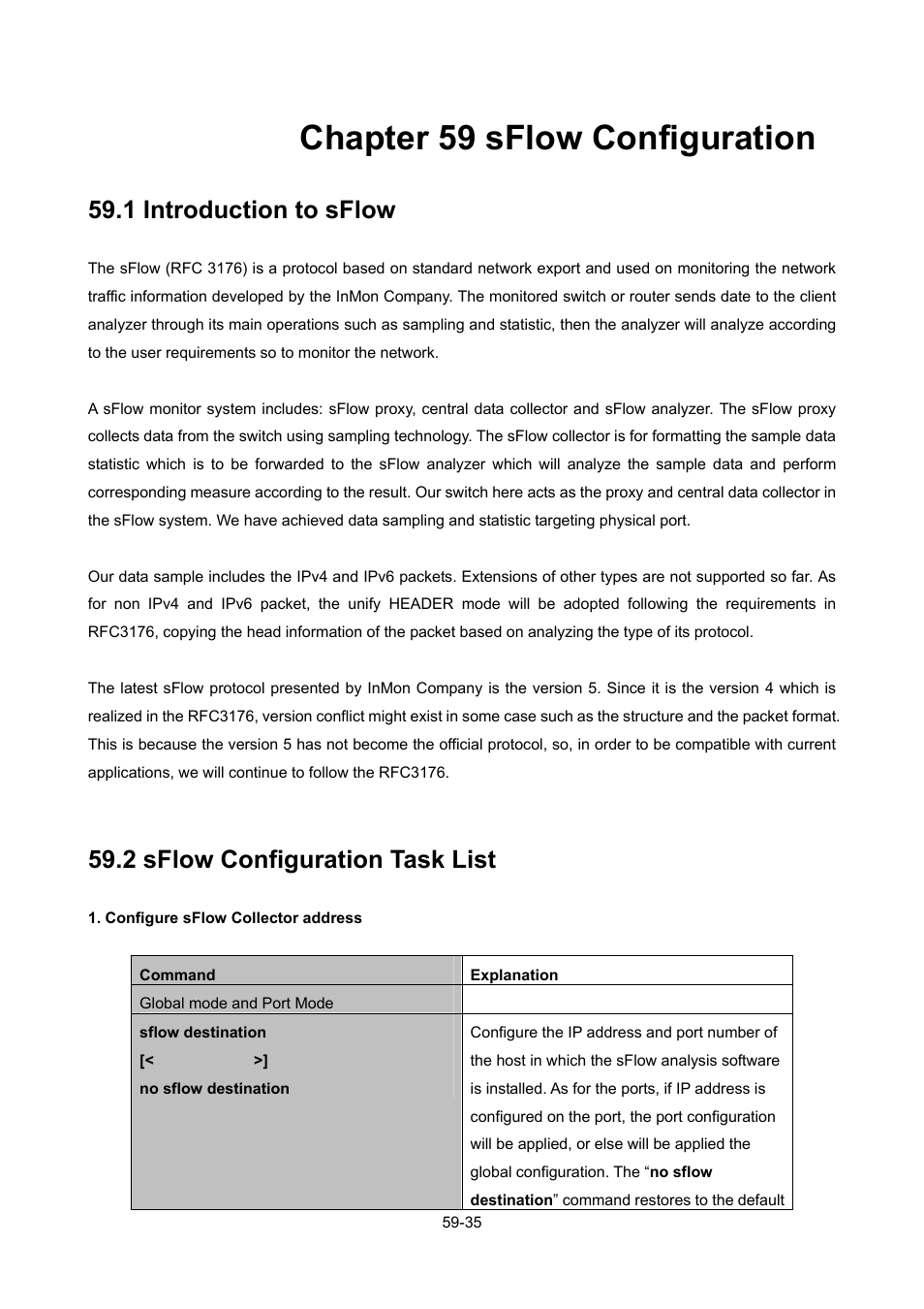 Chapter 59 sflow configuration, 1 introduction to sflow, 2 sflow configuration task list | Chapter 59 sflow configuration -35, Ntroduction to s, Onfiguration | PLANET WGSW-52040 User Manual | Page 464 / 505