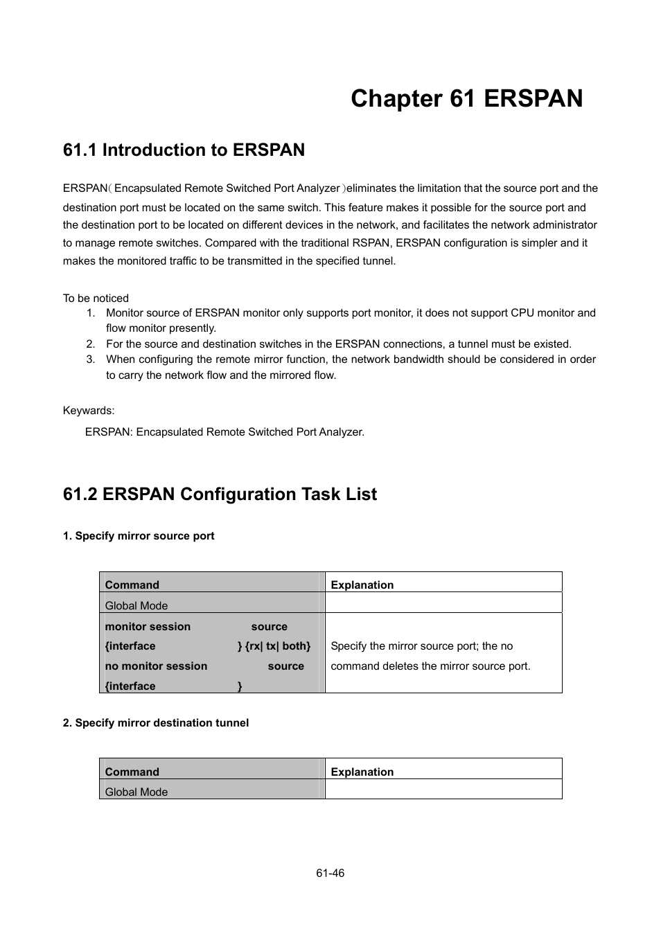 Chapter 61 erspan, 1 introduction to erspan, 2 erspan configuration task list | Chapter 61 erspan -46, Ntroduction to, Erspan -46, Erspan, Onfiguration | PLANET WGSW-52040 User Manual | Page 475 / 505