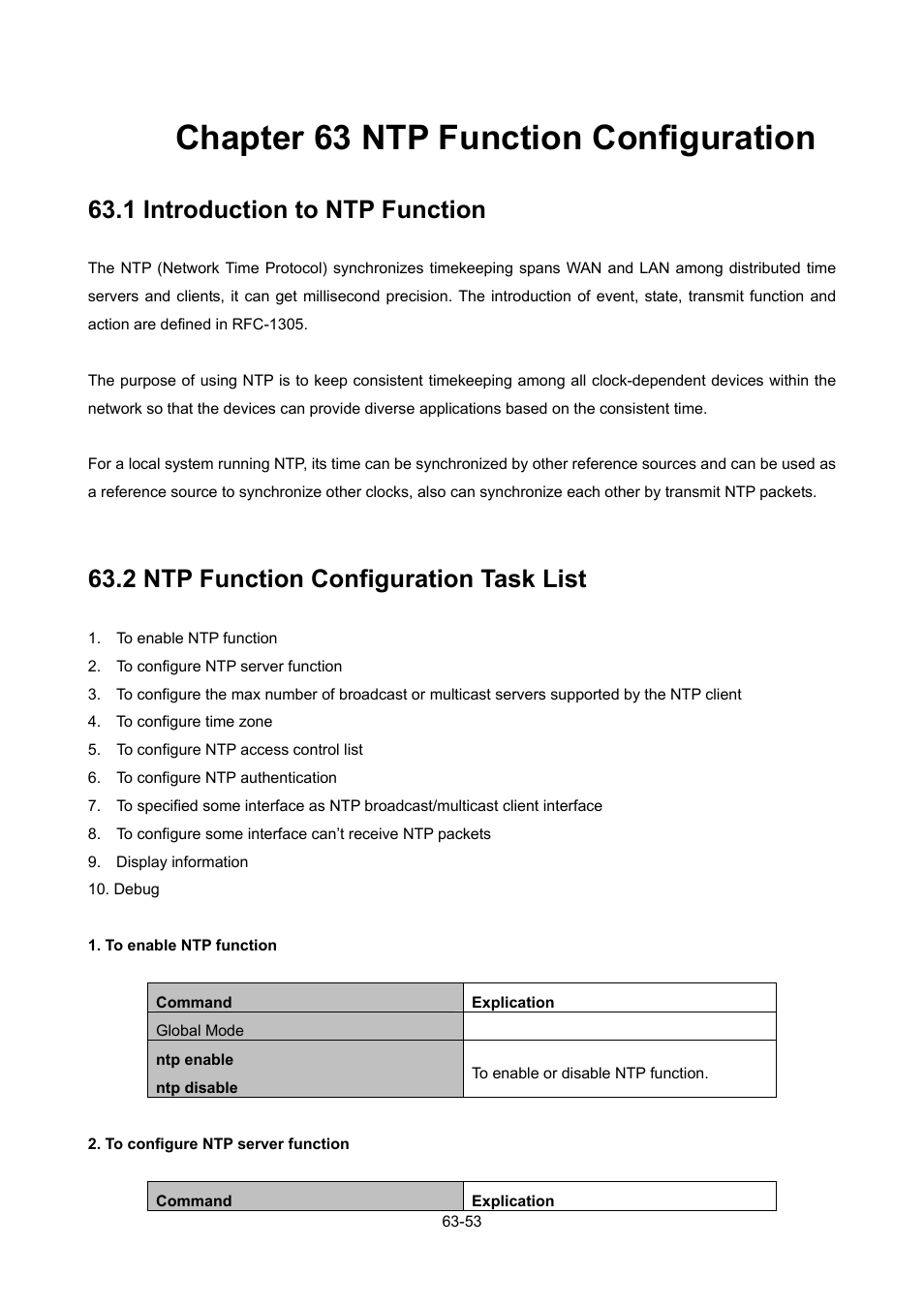 Chapter 63 ntp function configuration, 1 introduction to ntp function, 2 ntp function configuration task list | Chapter 63 ntp function configuration -53, Ntroduction to, Unction, Onfiguration | PLANET WGSW-52040 User Manual | Page 482 / 505