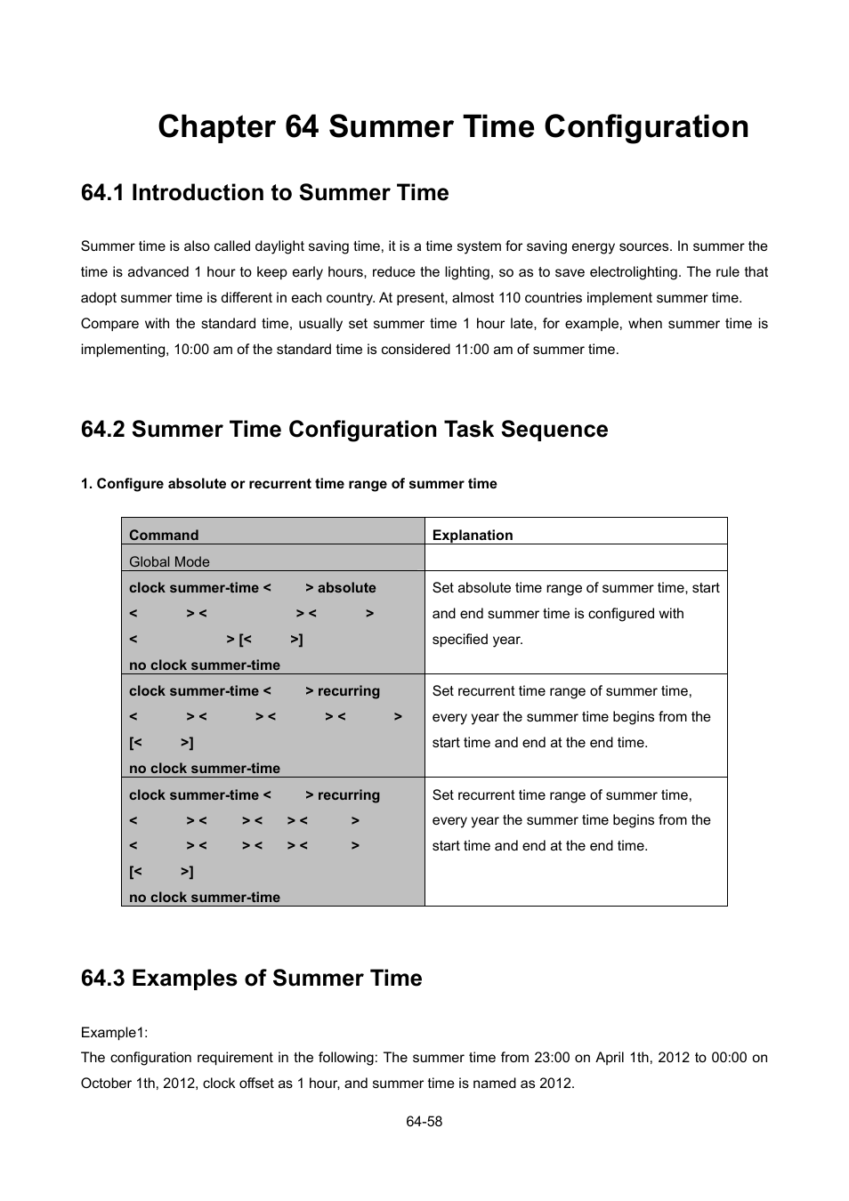 Chapter 64 summer time configuration, 1 introduction to summer time, 2 summer time configuration task sequence | 3 examples of summer time, Chapter 64 summer time configuration -58, Ntroduction to, Ummer, Onfiguration, Equence, Xamples of | PLANET WGSW-52040 User Manual | Page 487 / 505