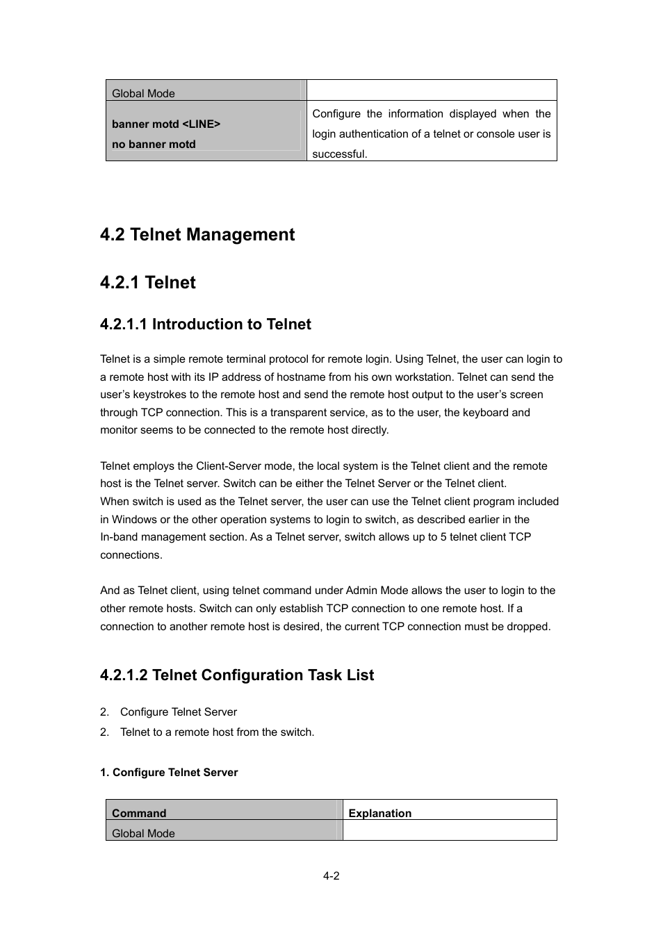 2 telnet management, 1 telnet, 1 introduction to telnet | 2 telnet configuration task list, Elnet, Anagement, 1 telnet -2, 2 telnet management 4.2.1 telnet | PLANET WGSW-52040 User Manual | Page 49 / 505