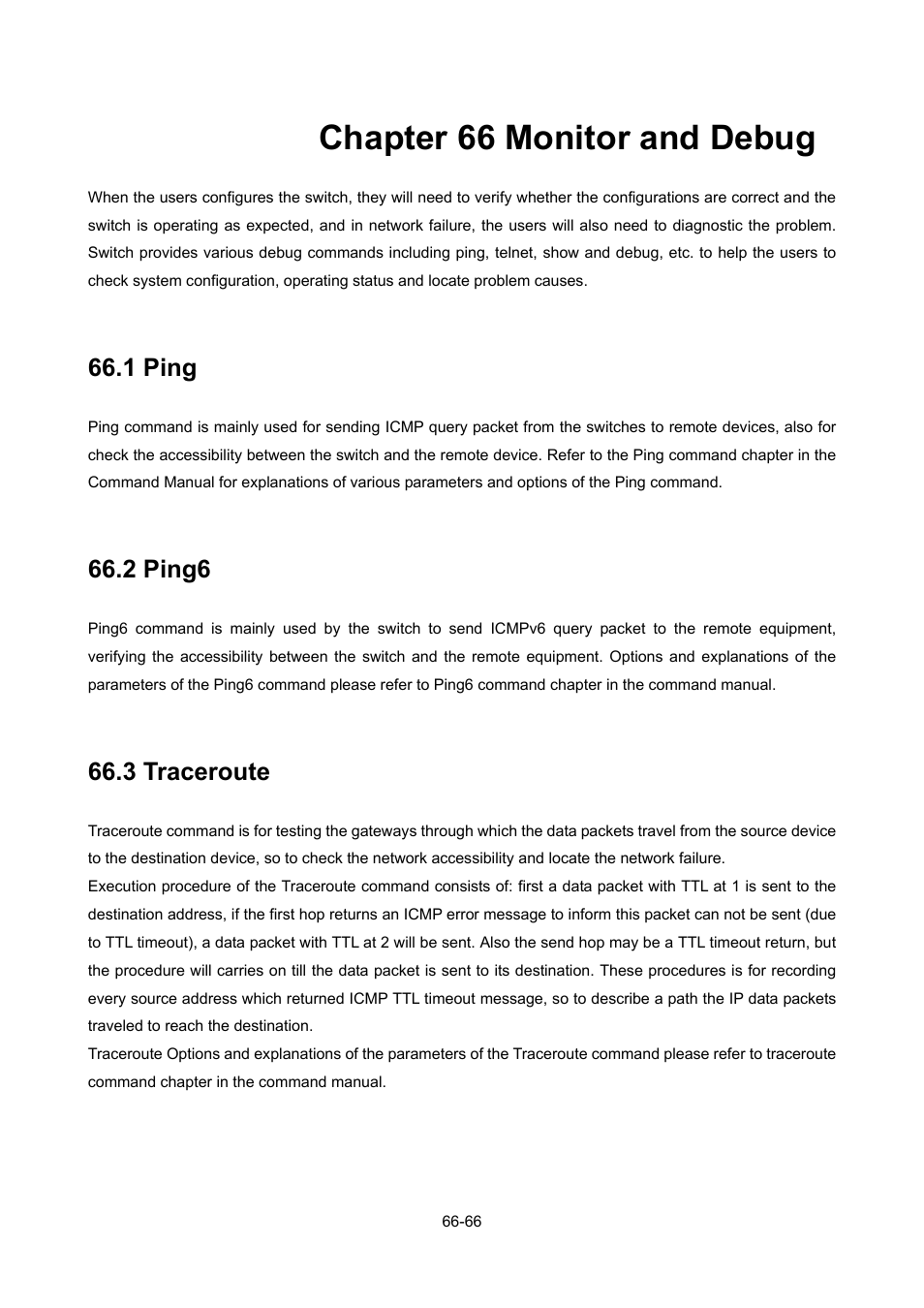 Chapter 66 monitor and debug, 1 ping, 2 ping6 | 3 traceroute, Chapter 66 monitor and debug -66, Raceroute | PLANET WGSW-52040 User Manual | Page 495 / 505