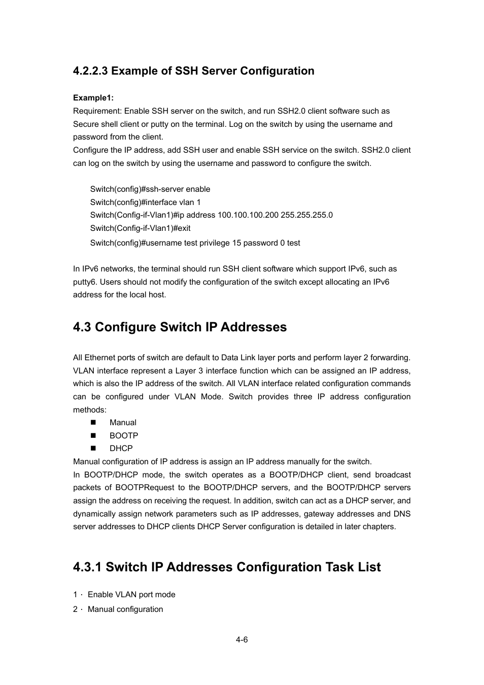 3 example of ssh server configuration, 3 configure switch ip addresses, 1 switch ip addresses configuration task list | Onfigure, Witch, Ddresses, 1 switch ip addresses configuration task list -6 | PLANET WGSW-52040 User Manual | Page 53 / 505