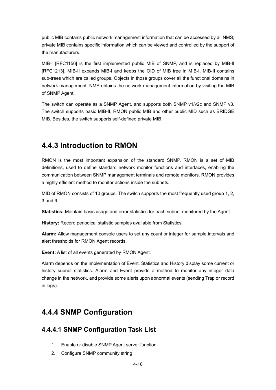 3 introduction to rmon, 4 snmp configuration, 1 snmp configuration task list | 3 introduction to rmon -10, 4 snmp configuration -10 | PLANET WGSW-52040 User Manual | Page 57 / 505