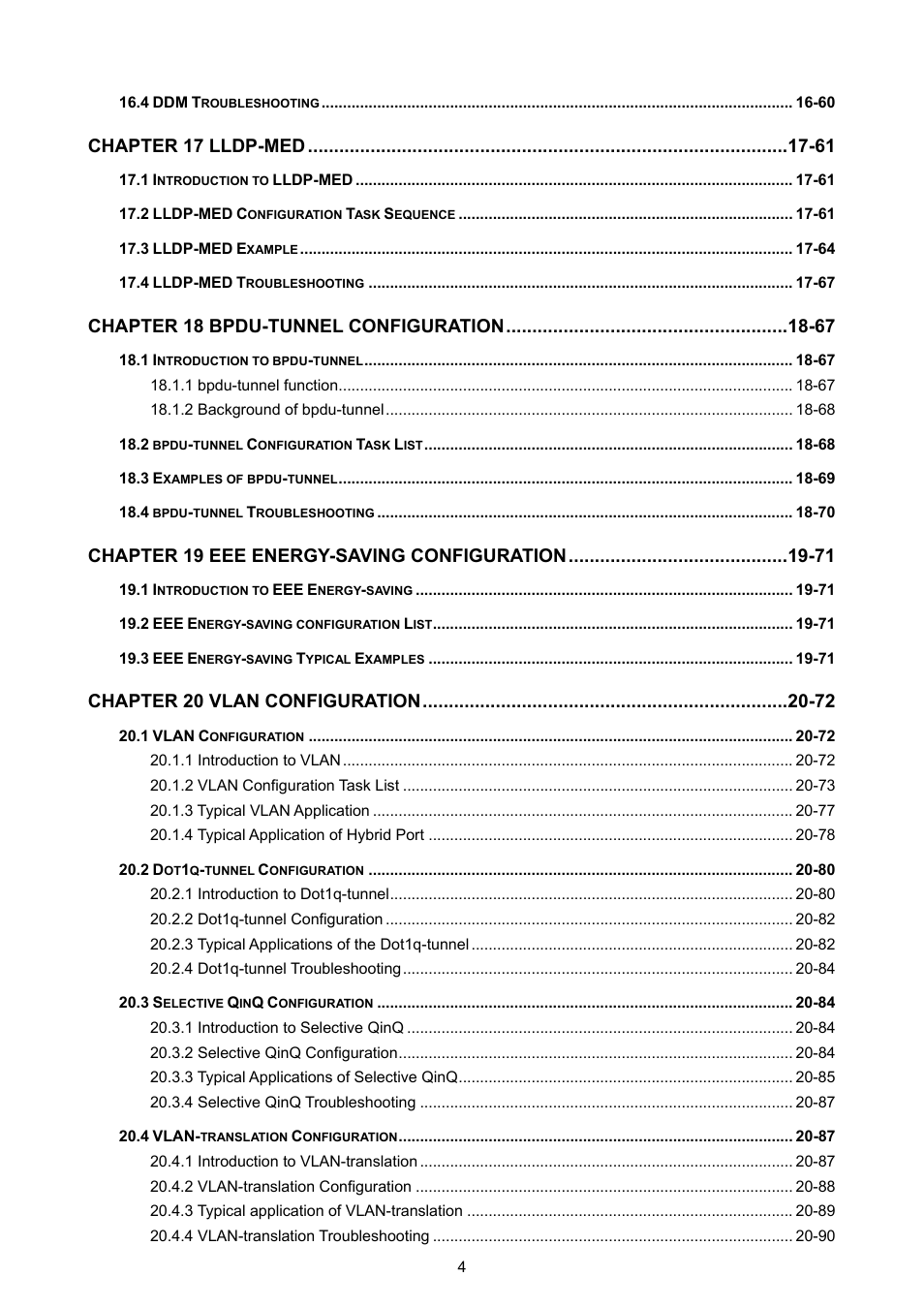 Chapter 17 lldp-med -61, Chapter 18 bpdu-tunnel configuration -67, Chapter 19 eee energy-saving configuration -71 | Chapter 20 vlan configuration -72 | PLANET WGSW-52040 User Manual | Page 6 / 505