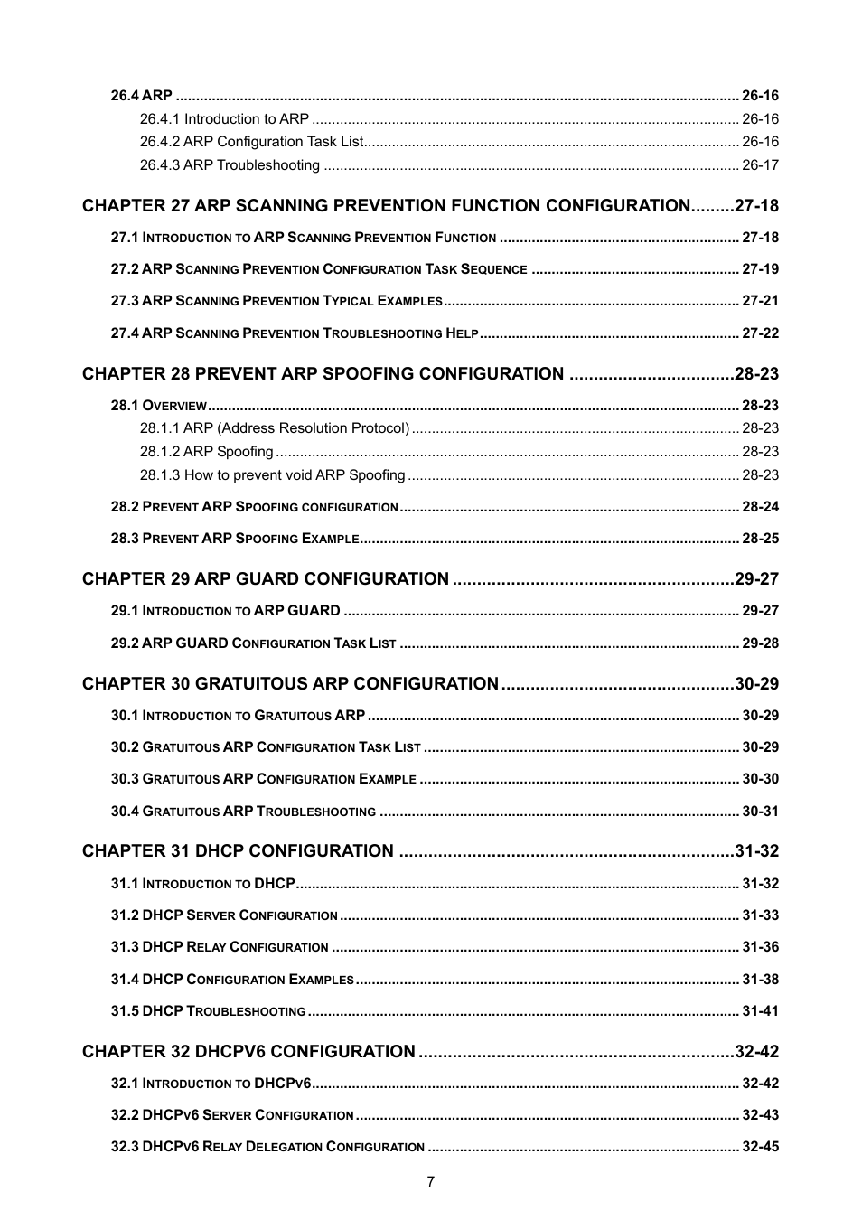 Chapter 28 prevent arp spoofing configuration -23, Chapter 29 arp guard configuration -27, Chapter 30 gratuitous arp configuration -29 | Chapter 31 dhcp configuration -32 | PLANET WGSW-52040 User Manual | Page 9 / 505