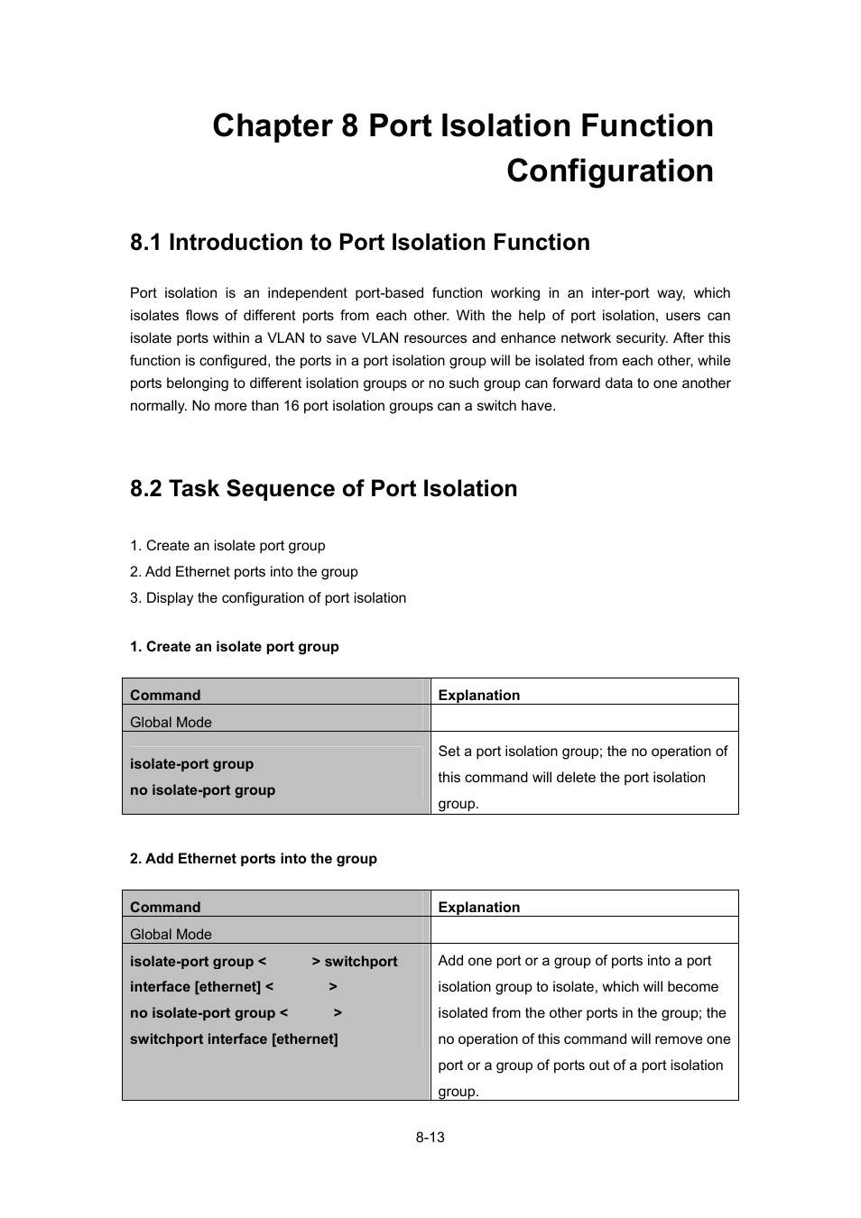 Chapter 8 port isolation function configuration, 1 introduction to port isolation function, 2 task sequence of port isolation | Ntroduction to, Solation, Unction, Equence of | PLANET WGSW-52040 User Manual | Page 91 / 505