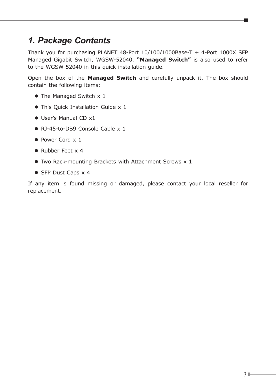 Package contents | PLANET WGSW-52040 User Manual | Page 3 / 16