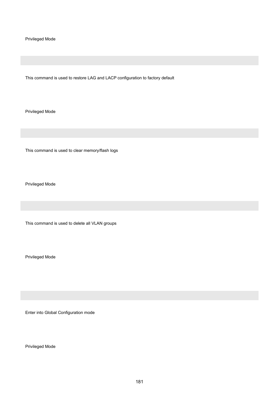 Clear lacp, Clear logs, Clear vlan | 3 configuration command, Configuration | PLANET WGSW-5242 User Manual | Page 181 / 286