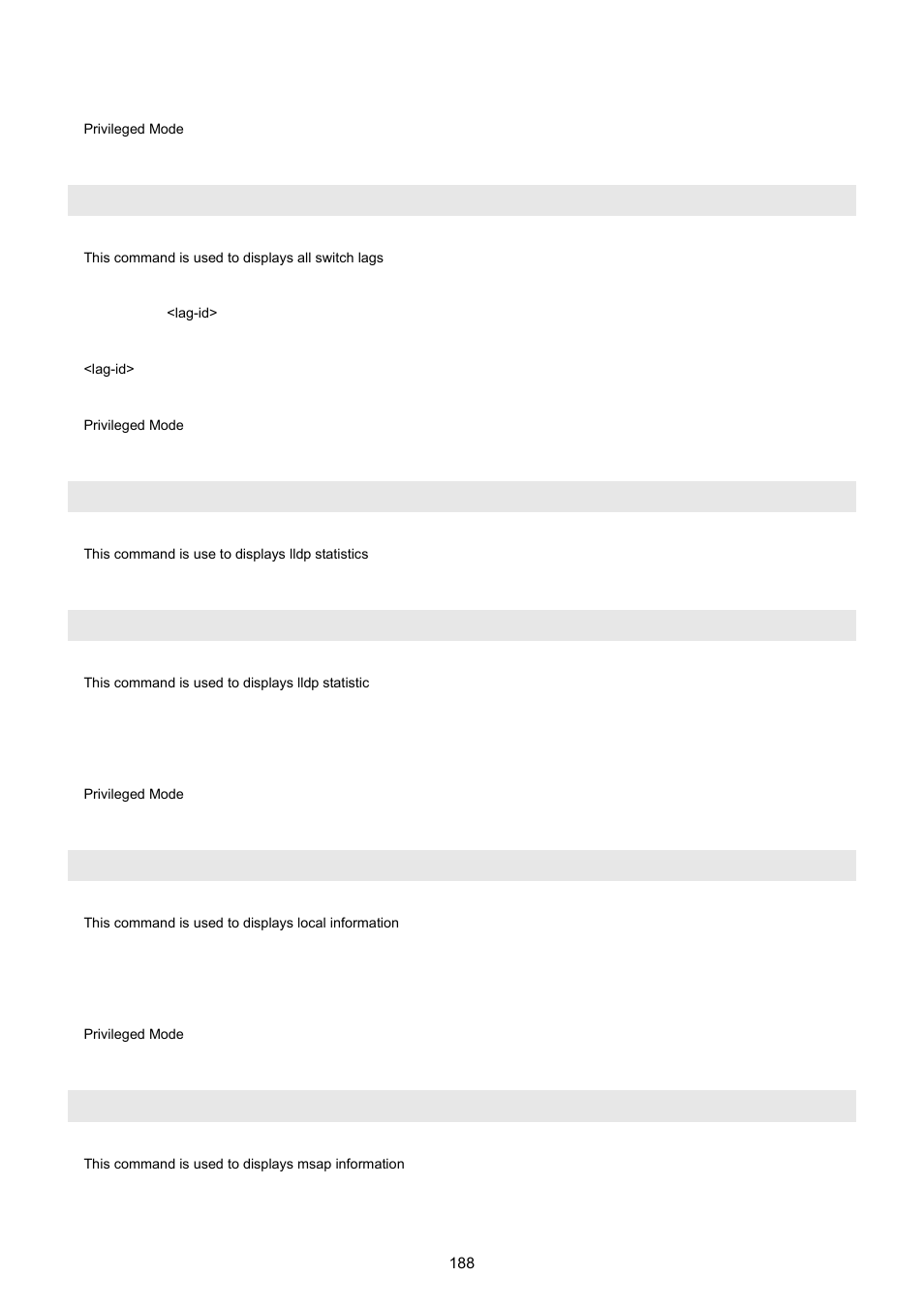 Show lag all, Show lldp, Show lldp statistic | Show lldp local, Show lldp msap | PLANET WGSW-5242 User Manual | Page 188 / 286