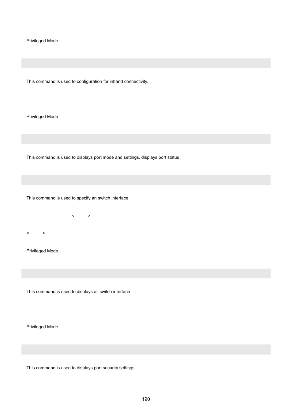 Show network, Show port, Show port port-index | Show port all, Show port-security | PLANET WGSW-5242 User Manual | Page 190 / 286