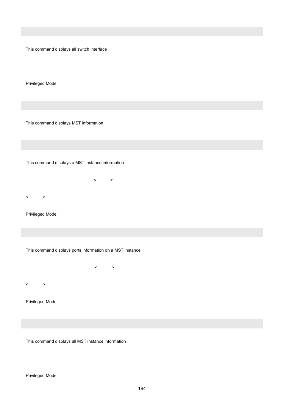 Show spanning-tree interface all, Show spanning-tree mst, Show spanning-tree mst detailed | Show spanning-tree mst instance, Show spanning-tree mst summary | PLANET WGSW-5242 User Manual | Page 194 / 286