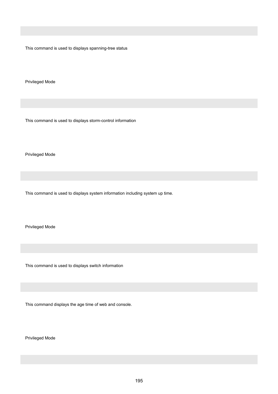 Show spanning-tree status, Show storm-control, Show sysinfo | Show switch, Show switch admin-time, Show switch age-time | PLANET WGSW-5242 User Manual | Page 195 / 286