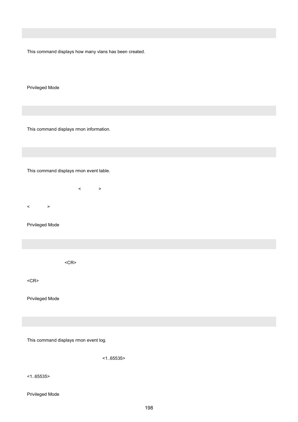 Show vlan number, Show rmon, Show rmon event index | Show rmon event, Show rmon event log event _index | PLANET WGSW-5242 User Manual | Page 198 / 286