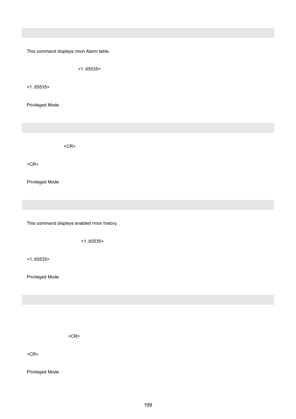 Show rmon alarm index, Show rmon alarm, Show rmon history index | Show rmon history | PLANET WGSW-5242 User Manual | Page 199 / 286