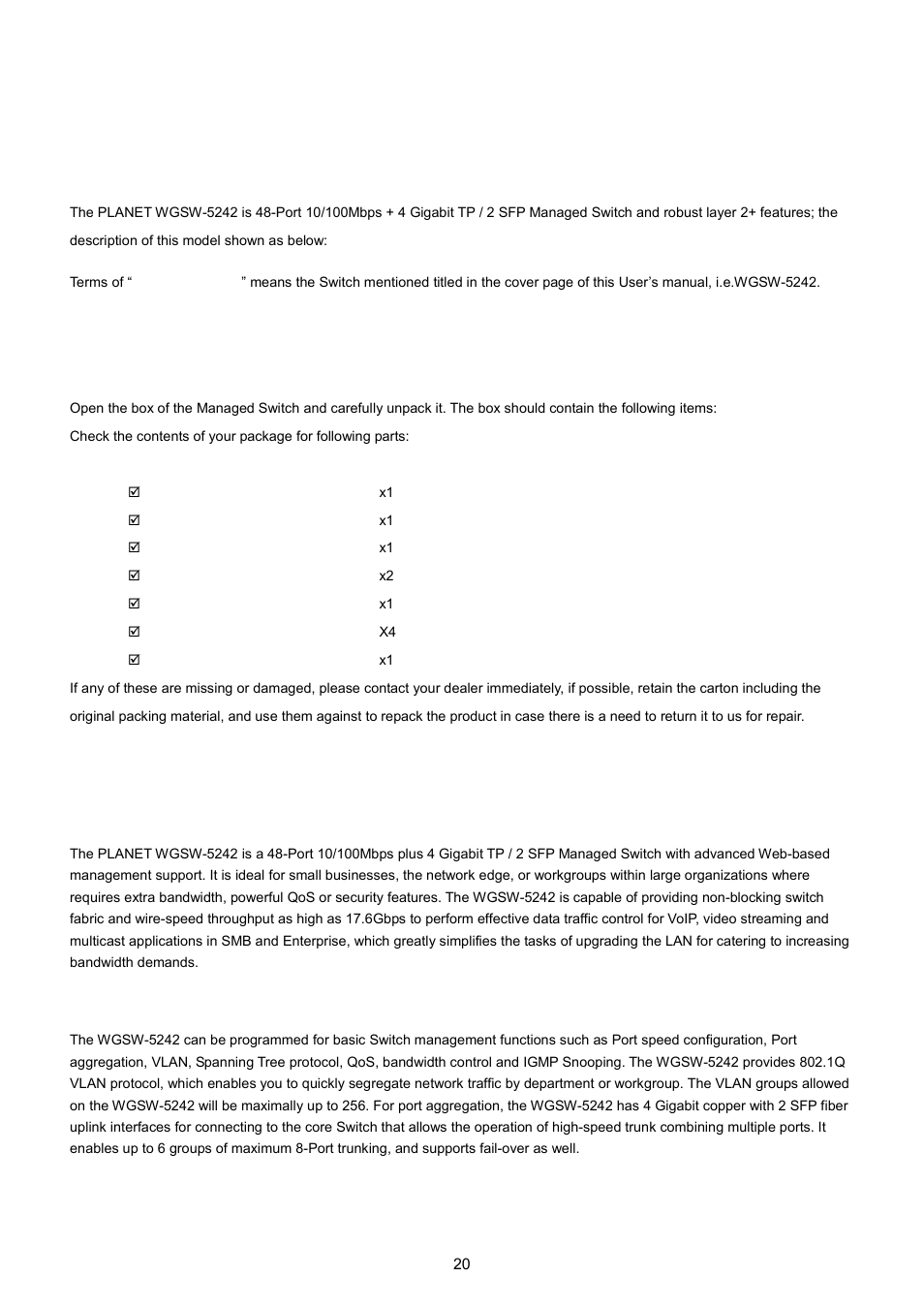 Introdution, 1 packet contents, 2 product description | PLANET WGSW-5242 User Manual | Page 20 / 286