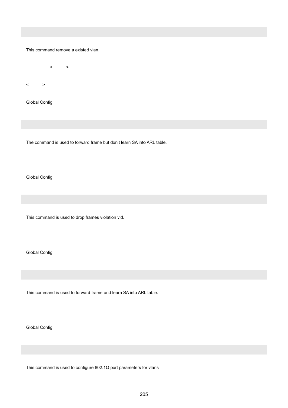 Vlan delete, Vlan ingress forward, Vlan ingress drop | Vlan ingress bypass, Vlan port | PLANET WGSW-5242 User Manual | Page 205 / 286