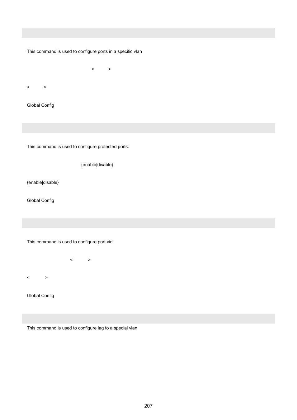 Vlan port ports port-configure, Vlan port ports protected, Vlan port ports pvid | Vlan lag | PLANET WGSW-5242 User Manual | Page 207 / 286