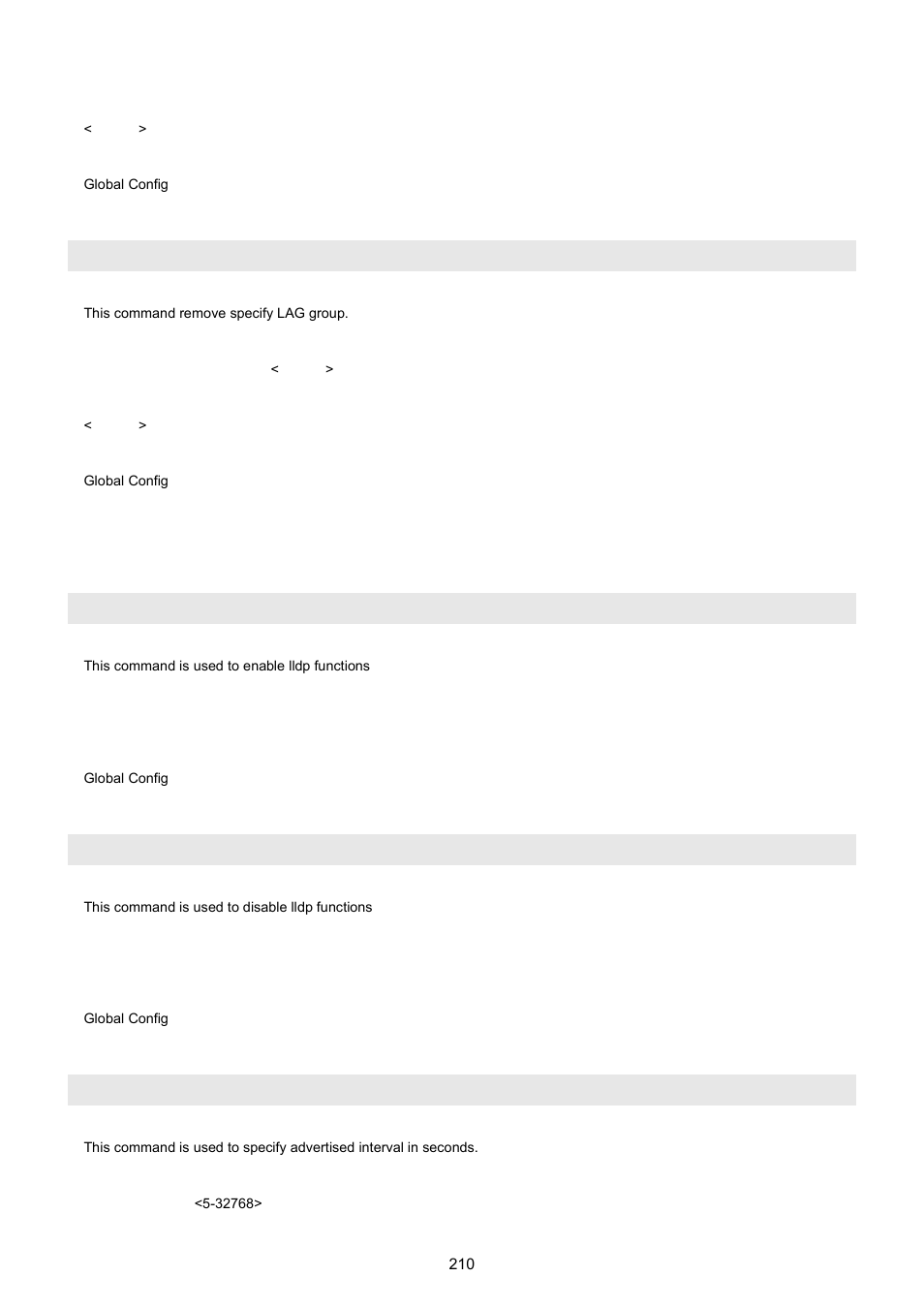 Link aggregation delport lag, 5 lldp command, Lldp enable | Lldp disable, Lldp adv-interval | PLANET WGSW-5242 User Manual | Page 210 / 286