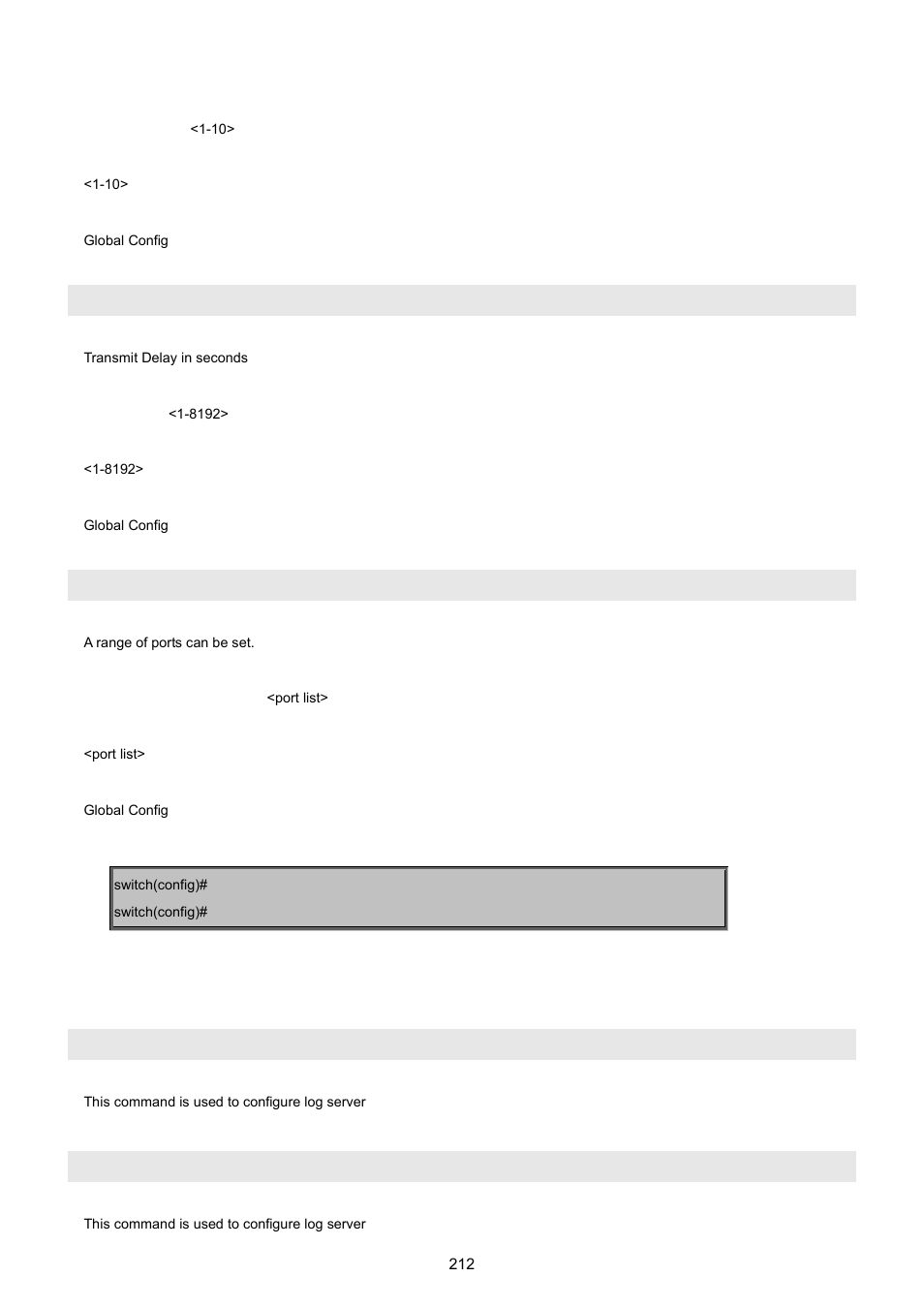 Lldp tx-delay, Lldp mgmt-addrtxport, 6 log command | Log log-server | PLANET WGSW-5242 User Manual | Page 212 / 286