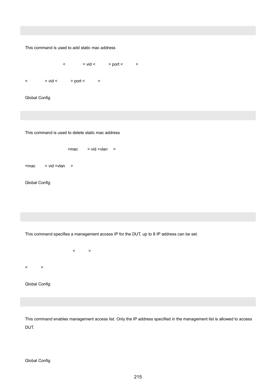 Static-address add, Static-address delete, 7 mgmt command | Mgmt-accesslist ipaddr, Mgmt-accesslist enable | PLANET WGSW-5242 User Manual | Page 215 / 286