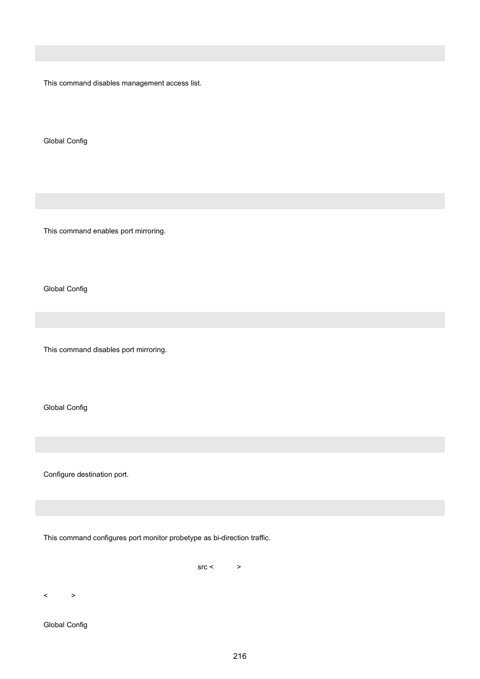 Mgmt-accesslist disable, 8 monitor command, Monitor enable | Monitor disable, Monitor des, Monitor des <port-id> probetype bidirection | PLANET WGSW-5242 User Manual | Page 216 / 286