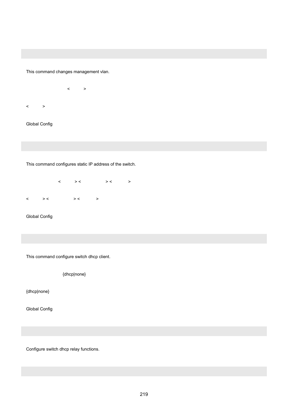 10 network command, Network mgmt-vlan, Network parms | Network protocol, Network dhcp-relay, Network dhcp-relay mode | PLANET WGSW-5242 User Manual | Page 219 / 286