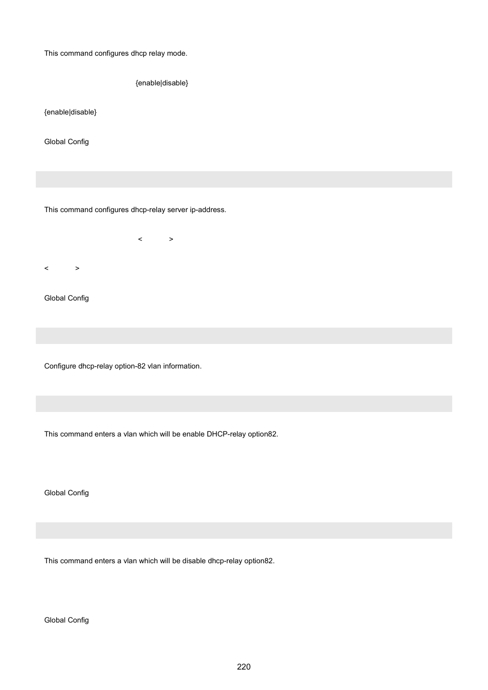 Network dhcp-relay server, Network dhcp-relay vlan, Network dhcp-relay vlan <vlan-id> add | Network dhcp-relay vlan <vlan-id> remove | PLANET WGSW-5242 User Manual | Page 220 / 286