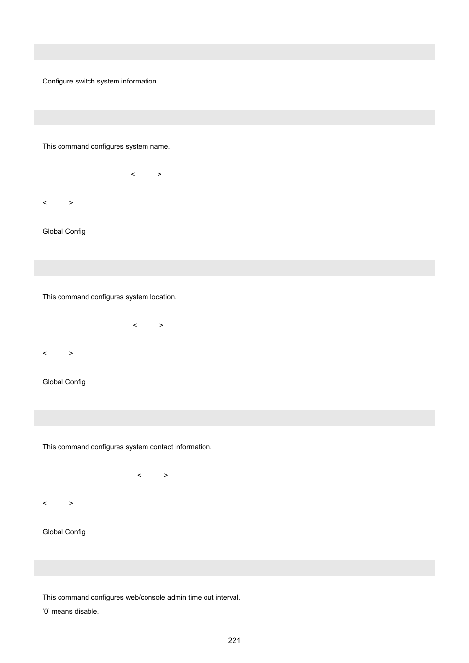 Network sysinfo, Network sysinfo sysname, Network sysinfo syslocate | Network sysinfo syscontact, Network admin-timeout | PLANET WGSW-5242 User Manual | Page 221 / 286