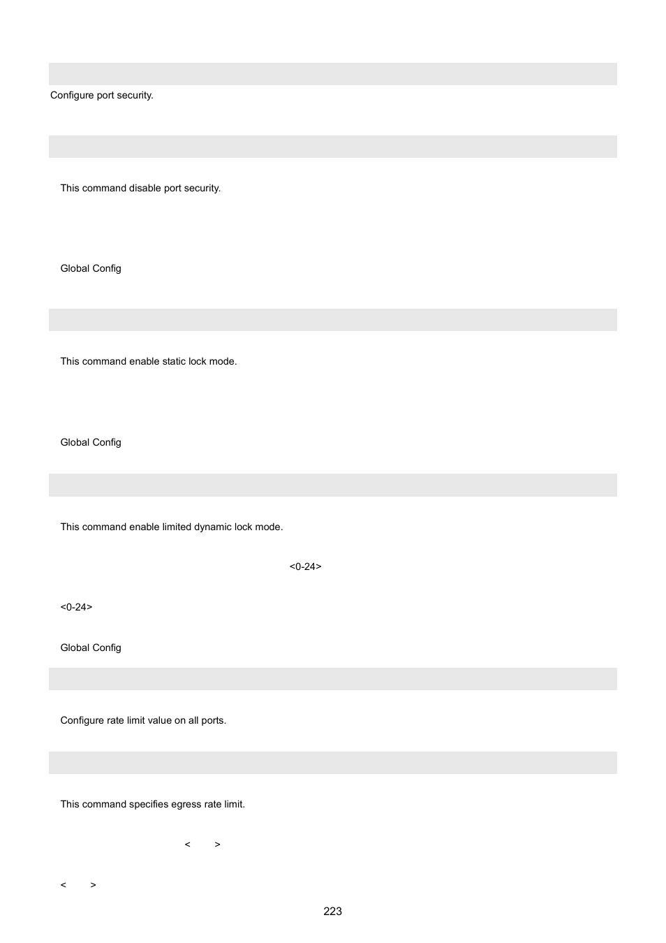 Port-all portsec-lockmode, Port-all portsec-lockmode none, Port-all portsec-lockmode static | Port-all portsec-lockmode dynamic max-entries, Port-all rate-limit, Port-all rate-limit egress | PLANET WGSW-5242 User Manual | Page 223 / 286