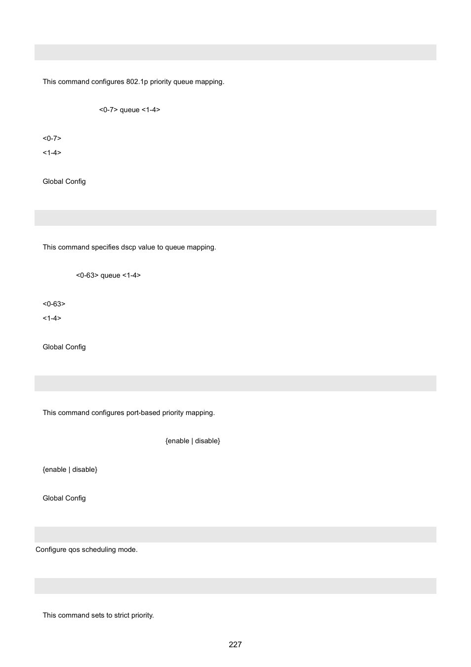 Qos cos priority, Qos dscp, Qos port-based port <word>status | Qos scheduling, Qos scheduling strict, Qos port-based port < word >status | PLANET WGSW-5242 User Manual | Page 227 / 286