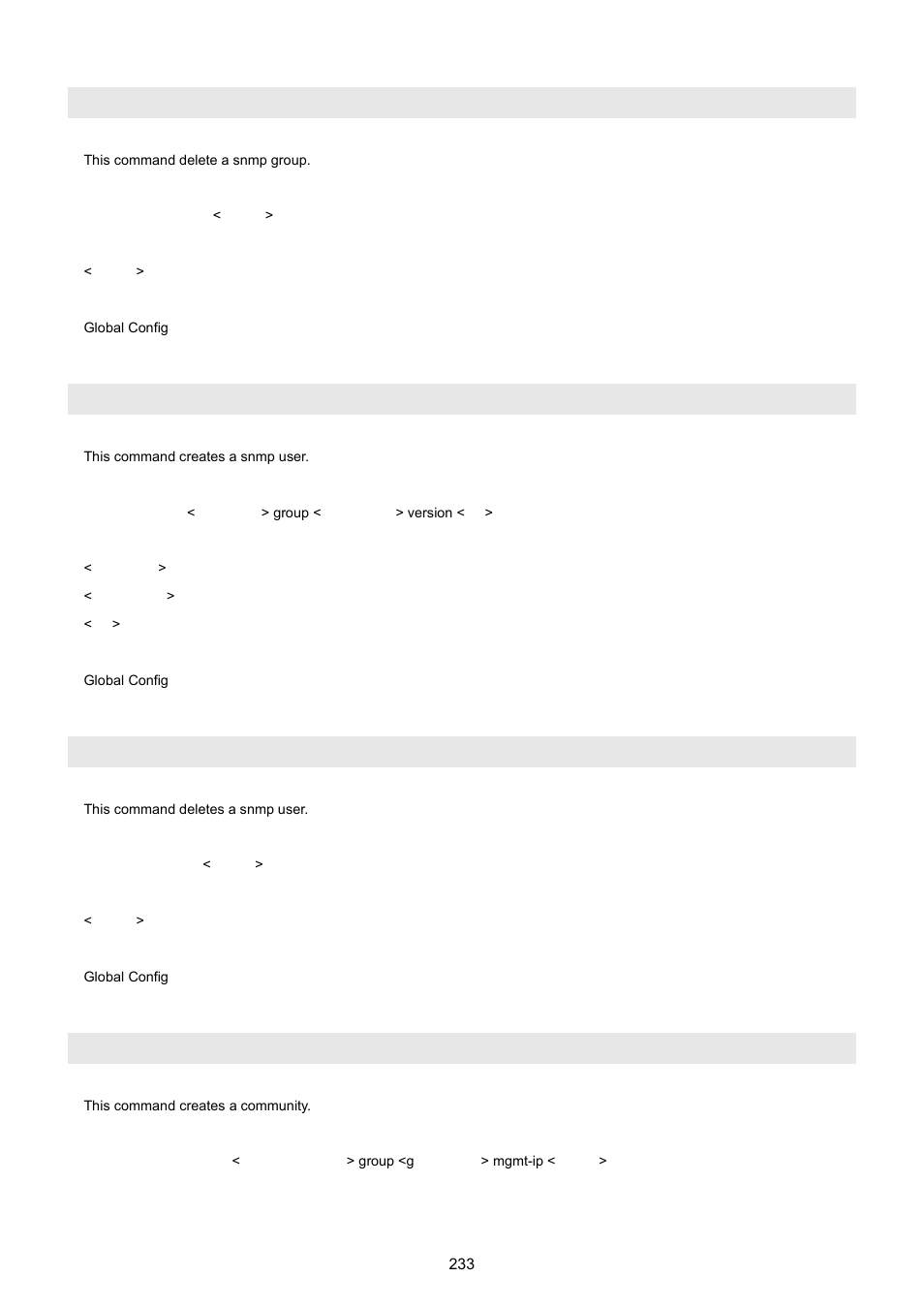 Snmp group delete, Snmp user add, Snmp user delete | Snmp community add | PLANET WGSW-5242 User Manual | Page 233 / 286