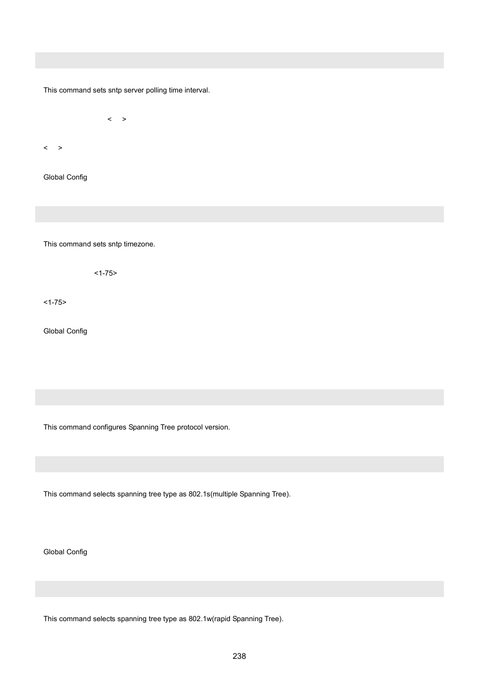 Sntp server polling, Sntp timezone, 16 spanning-tree command | Spanning-tree forceversion, Spanning-tree forceversion 8021s, Spanning-tree forceversion 8021w | PLANET WGSW-5242 User Manual | Page 238 / 286