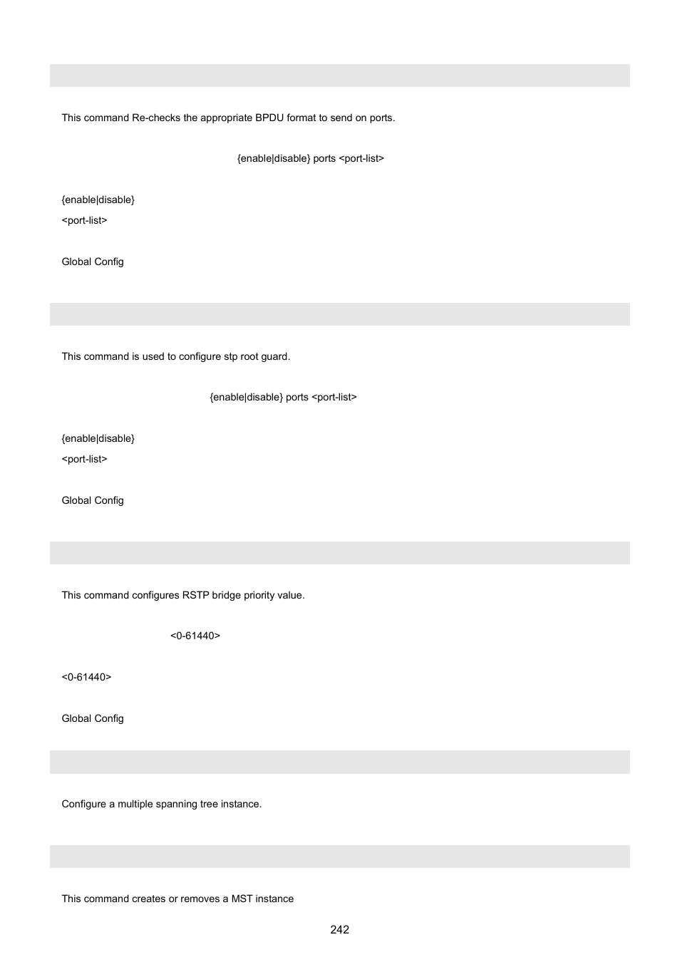 Spanning-tree port migration-check, Spanning-tree port root-guard, Spanning-tree priority | Spanning-tree mst, Spanning-tree mst instance | PLANET WGSW-5242 User Manual | Page 242 / 286