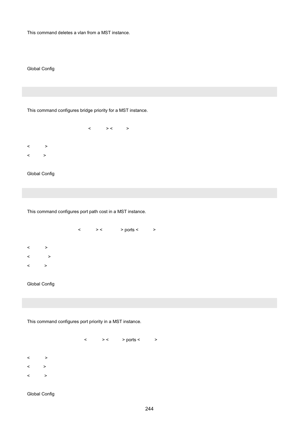 Spanning-tree mst bridgepri, Spanning-tree mst cost, Spanning-tree mst priority | PLANET WGSW-5242 User Manual | Page 244 / 286