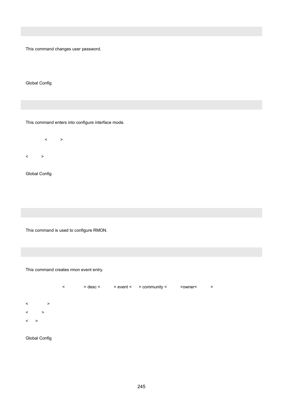 User password, Interface, 17 rmon command | Rmon, Rmon event index | PLANET WGSW-5242 User Manual | Page 245 / 286