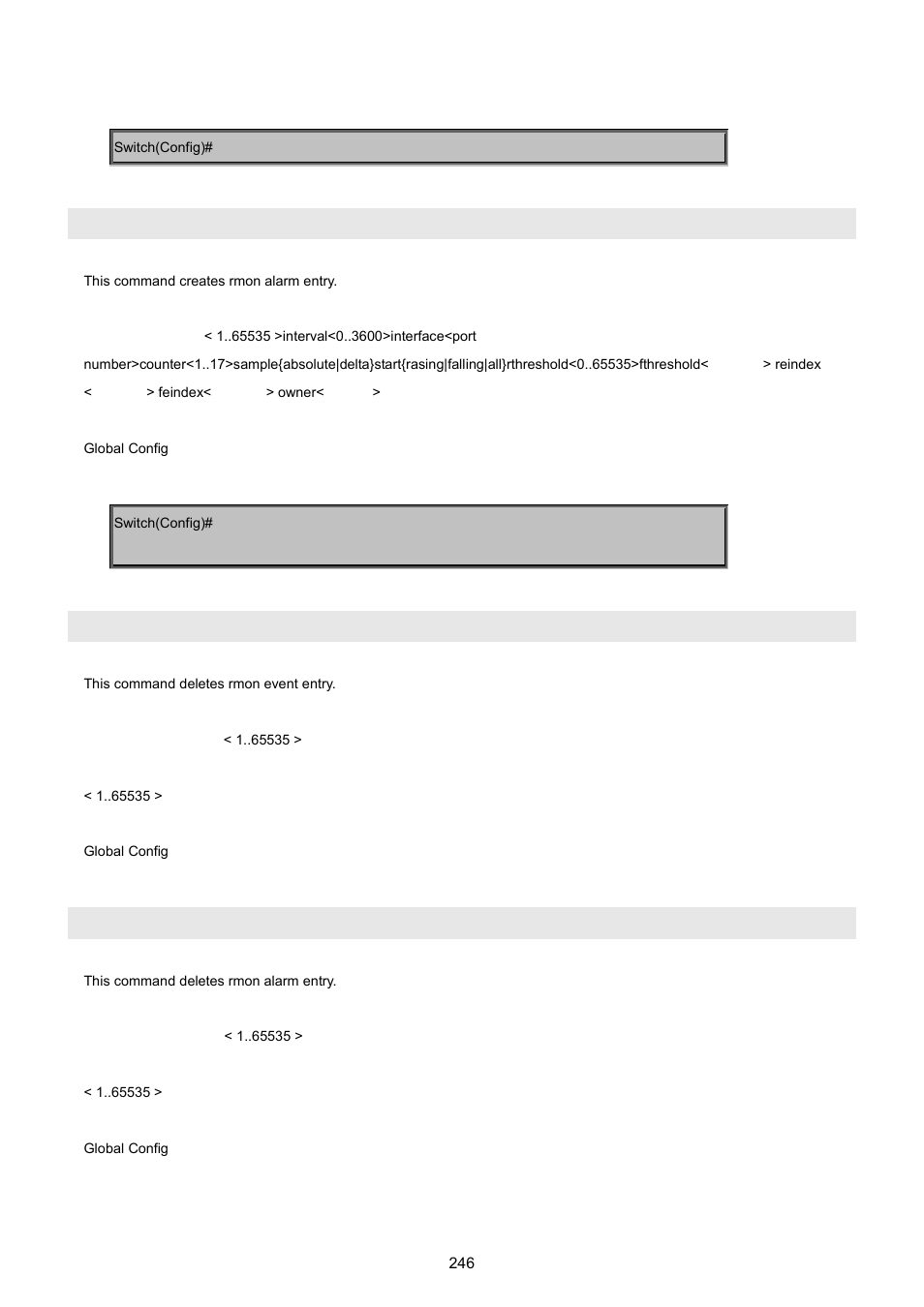 Rmon alarm index, Rmon del event index, Rmon del alarm index | PLANET WGSW-5242 User Manual | Page 246 / 286