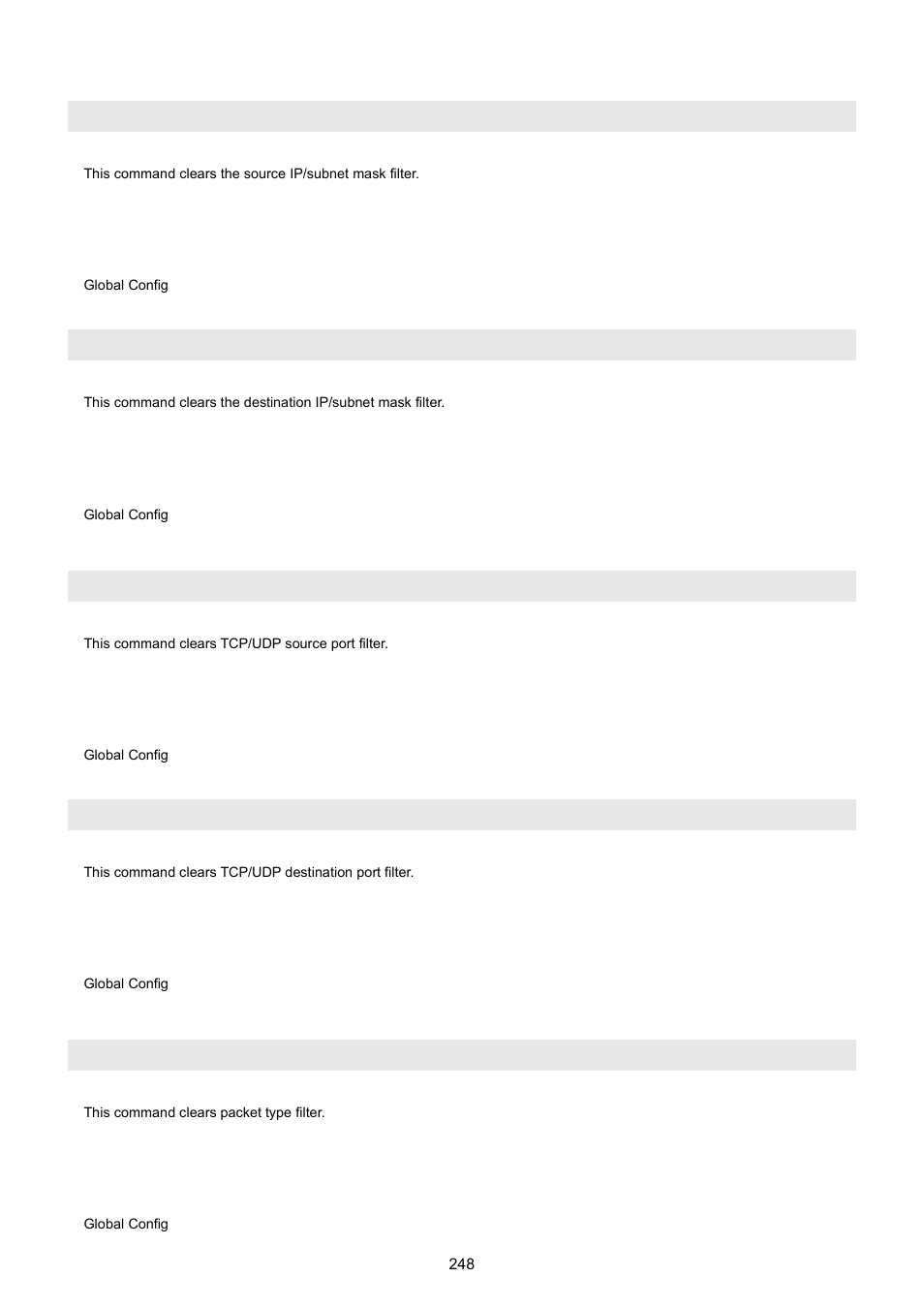 Access-list name <word> clears src ip, Access-list name <word> clears dst ip, Access-list name <word> clear l4port src port | Access-list name <word> clear l4port dst port, Access-list name <word> clear packet-type | PLANET WGSW-5242 User Manual | Page 248 / 286