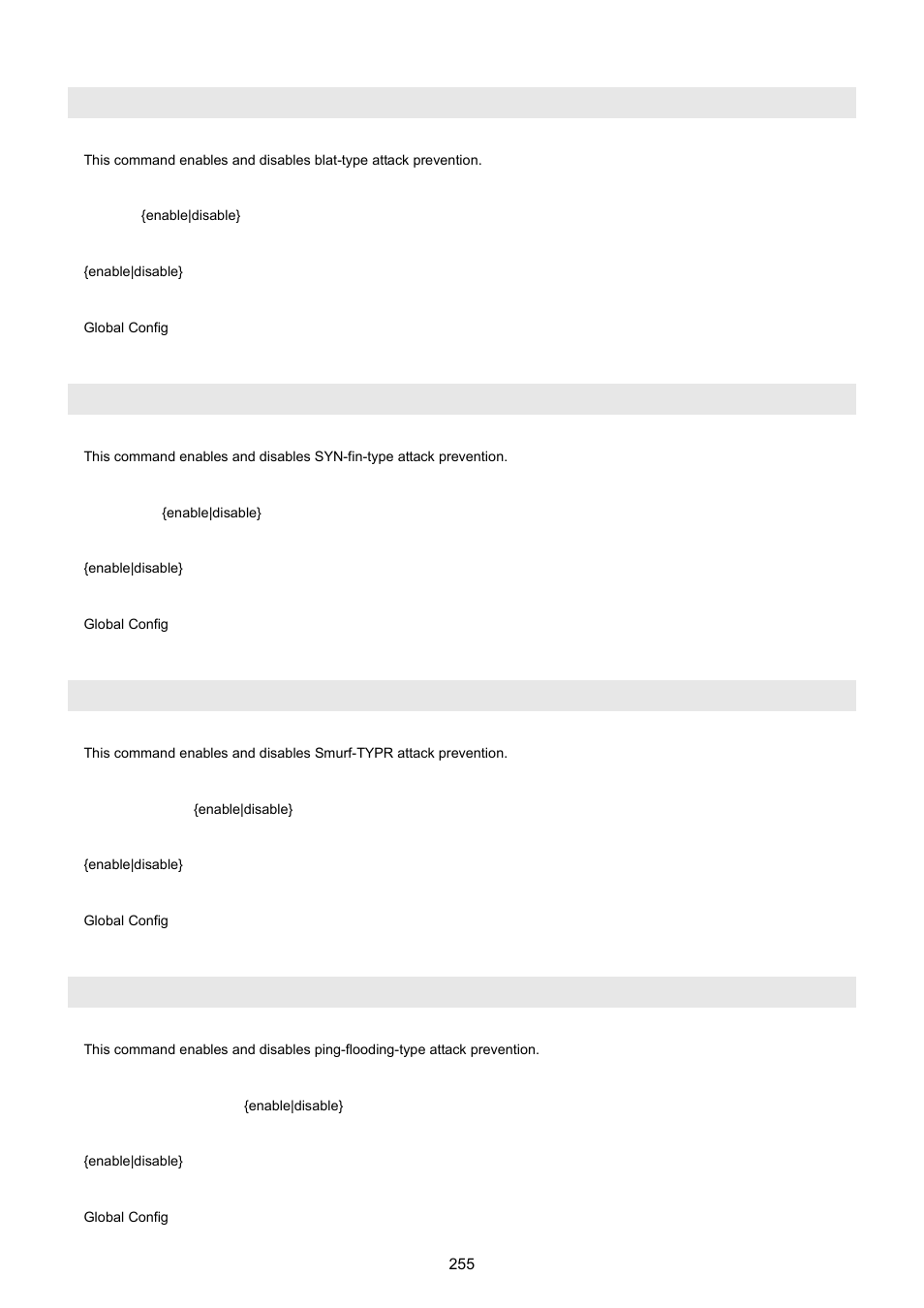 Dos blat, Dos syn-fin, Dos ports smurf | Dos ports ping-flooding | PLANET WGSW-5242 User Manual | Page 255 / 286