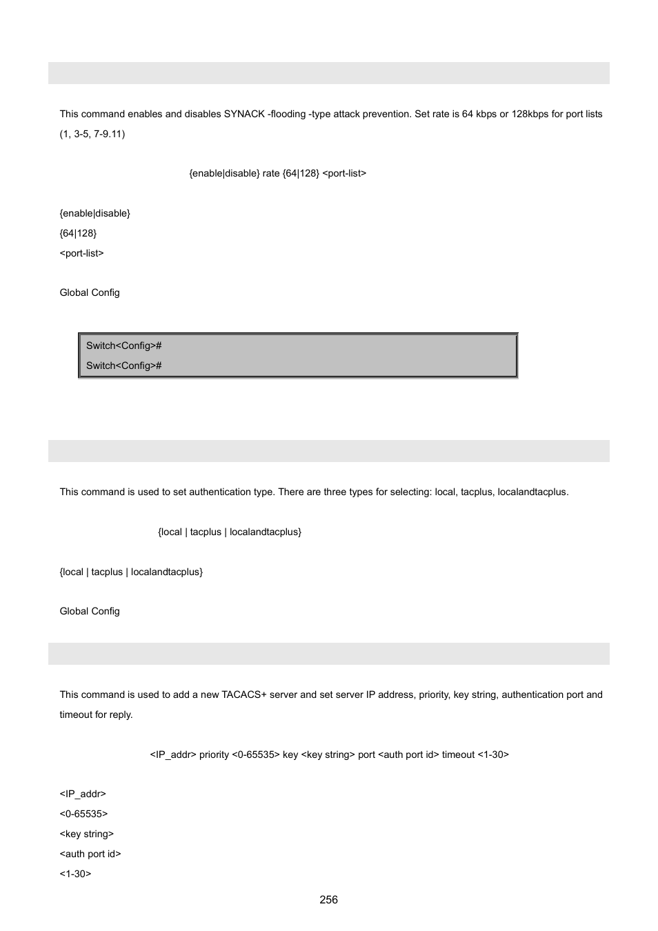 Dos ports synack-flooding, 21 tacplus command, Tacplus authen_type | Tacplus add server | PLANET WGSW-5242 User Manual | Page 256 / 286