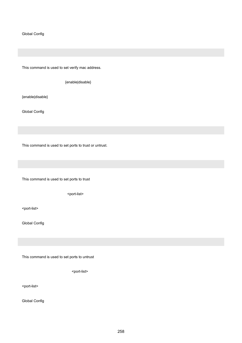 Dhcpsnooping verifymac, Dhcpsnooping ports, Dhcpsnooping ports trust | Dhcpsnooping ports untrust | PLANET WGSW-5242 User Manual | Page 258 / 286
