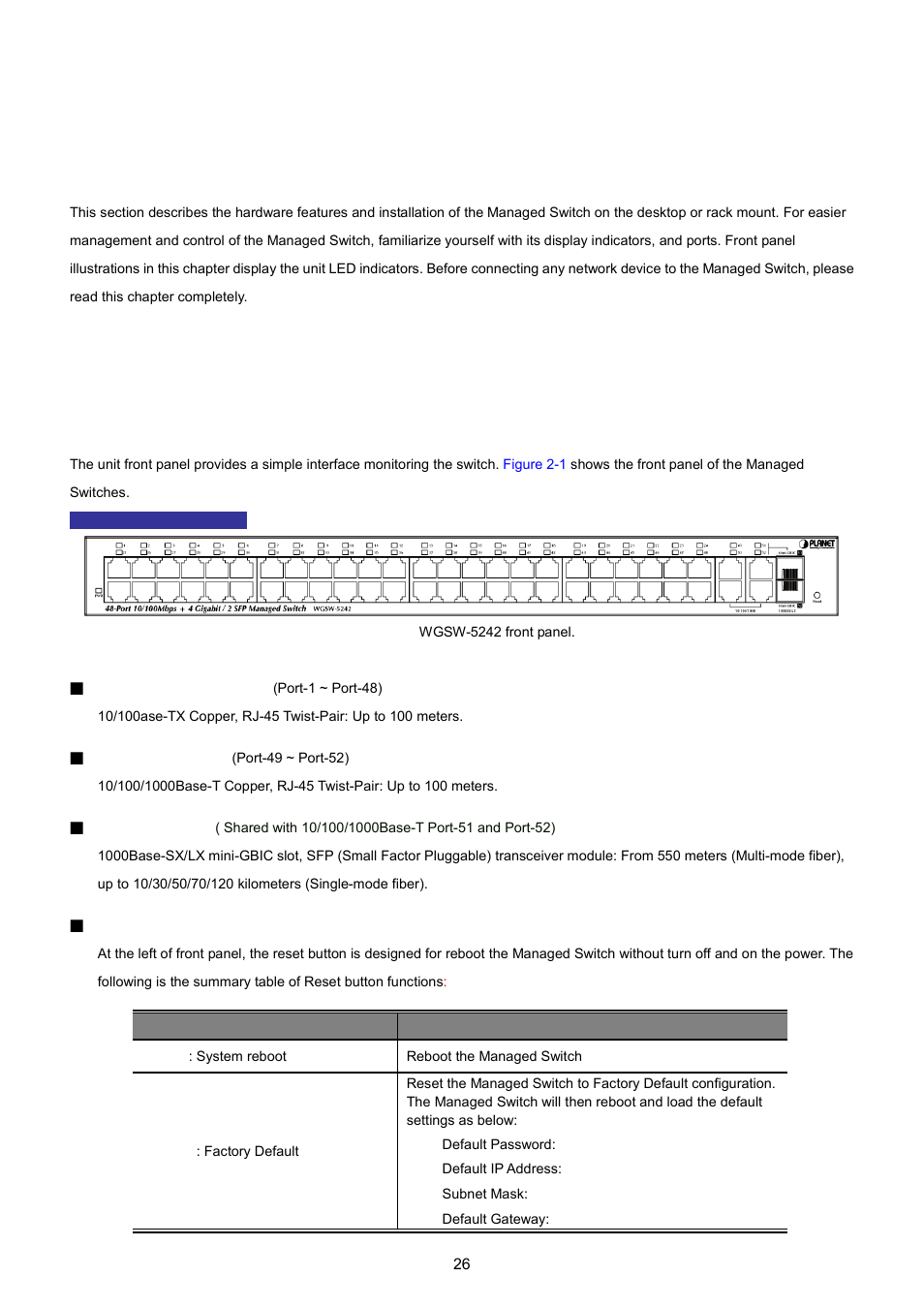 Installation, 1 hardware description, 1 switch front panel | PLANET WGSW-5242 User Manual | Page 26 / 286