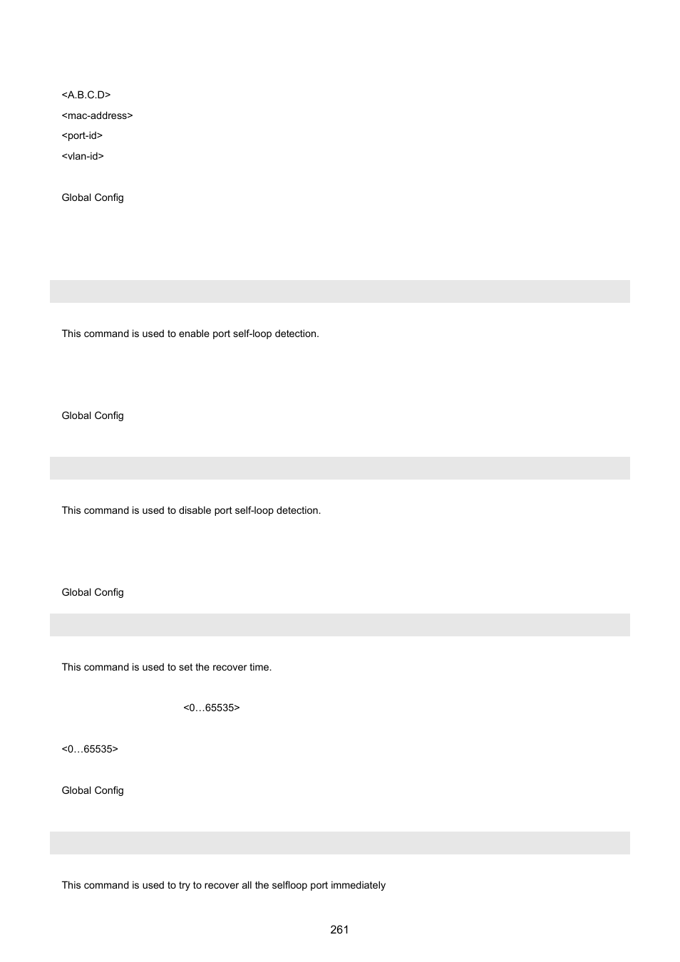 23 loop_detect command, Loop_detect enable, Loop_detect disable | Loop_detect recovertime, Loop detect trytorecover | PLANET WGSW-5242 User Manual | Page 261 / 286