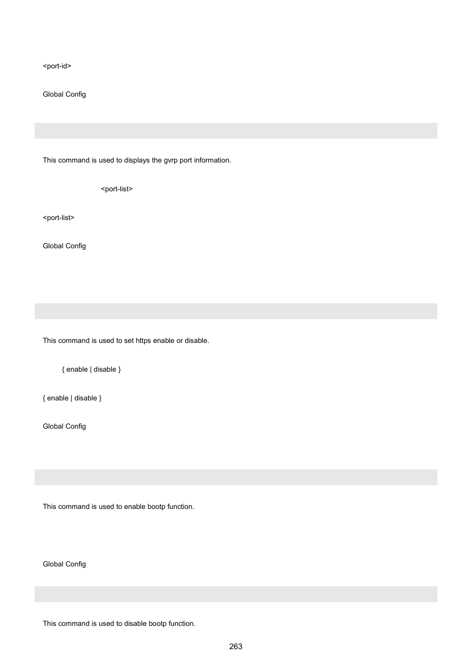 Gvrp port_status, 25 https command, Https | 26 bootp command, Bootp enable, Bootp disable | PLANET WGSW-5242 User Manual | Page 263 / 286