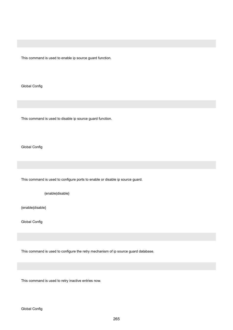 28 ip source guard command, Ipsrcgd enable, Ipsrcgd disable | Ipsrcgd ports, Ipsrcgd retry, Ipsrcgd retry now | PLANET WGSW-5242 User Manual | Page 265 / 286